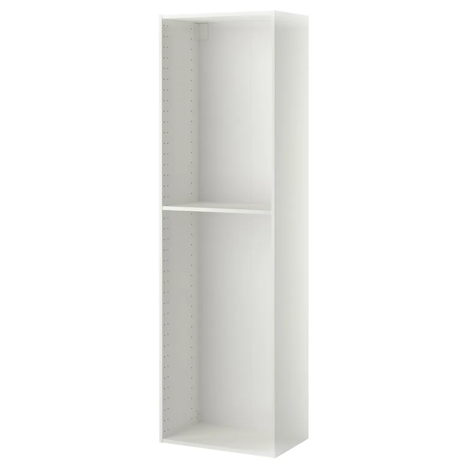 A white METOD high cabinet for kitchen storage, featuring a single shelf and a sturdy frame construction.