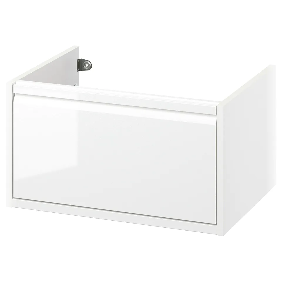 White ÄNGSJÖN bathroom cabinet, sleek, single drawer with integrated handle, modern design.