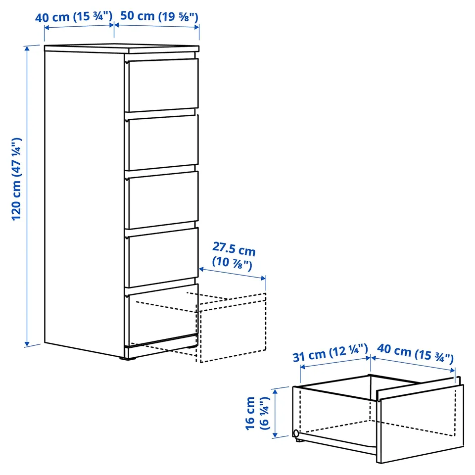 STORKLINTA Chest of 5 drawers, white, 40x50x120 cm