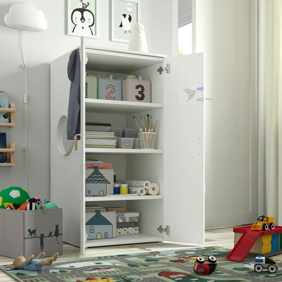 Kids room with toy, book, and art supply cabinet. Soft-close doors, stable feet.