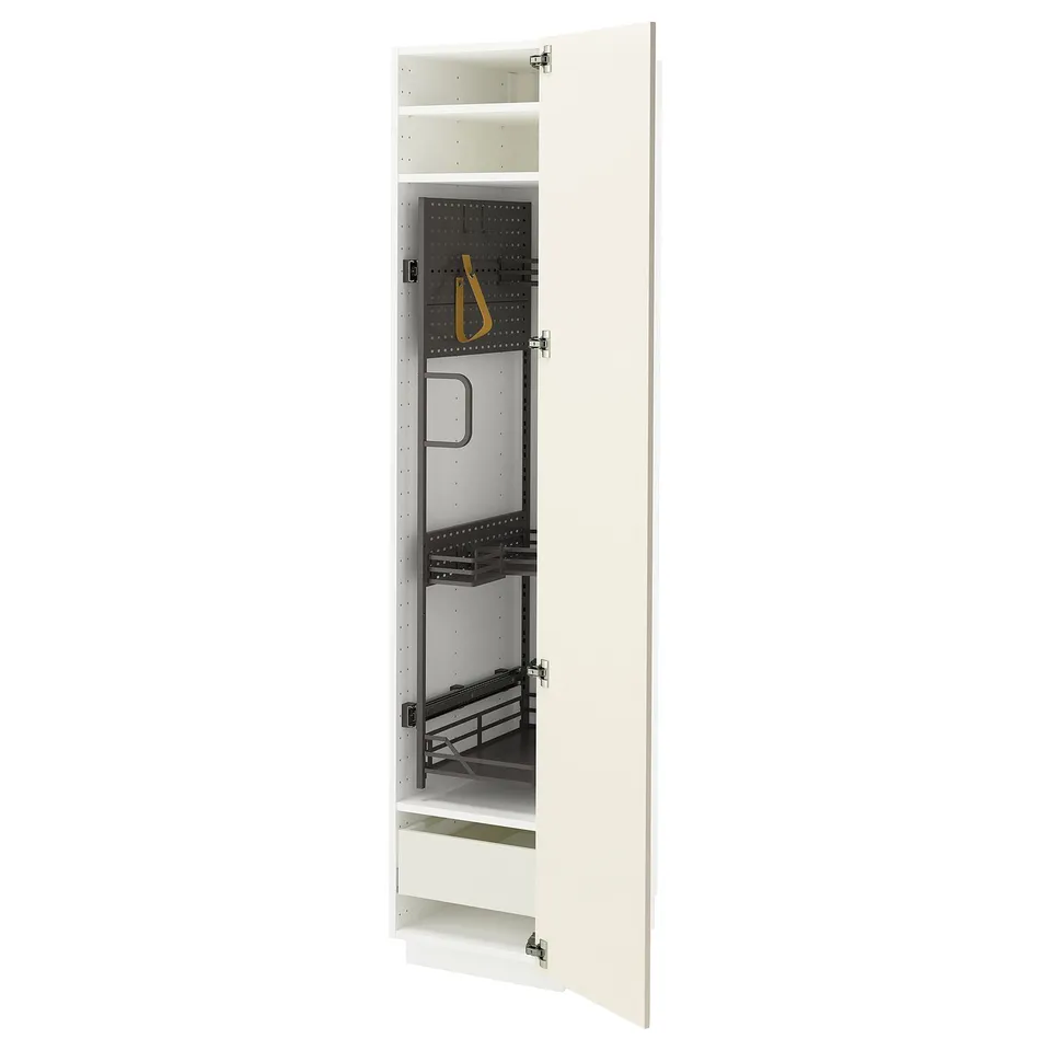 A white METOD kitchen cabinet with open doors, revealing shelves and organisers inside.