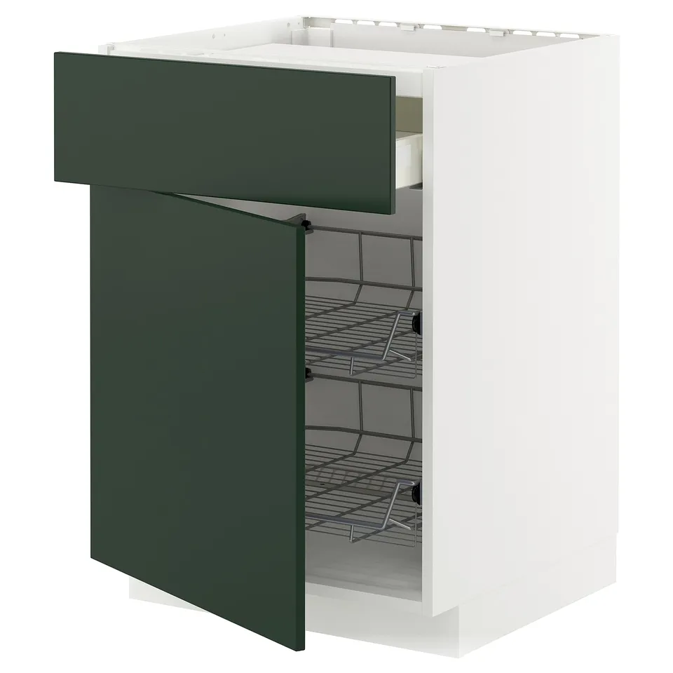 Depicts a white and green METOD kitchen cabinet with a partially open drawer. The deep green drawer is made of fibreboard and a wire mesh interior.