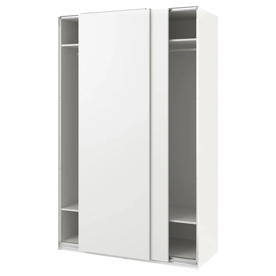 A white ikea PAX wardrobe with sliding doors and shelves. The modern design offers ample storage space with a clean, minimalist look.