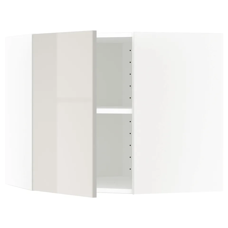 A white, modern, high-gloss kitchen cabinet with glass doors and an adjustable shelf.