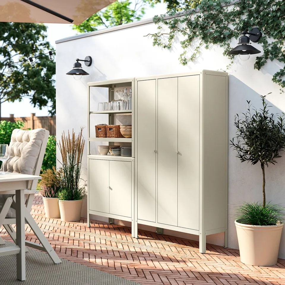 KOLBJÖRN Shelving unit with 2 cabinets, beige/outdoor indoor, 171x37x161 cm