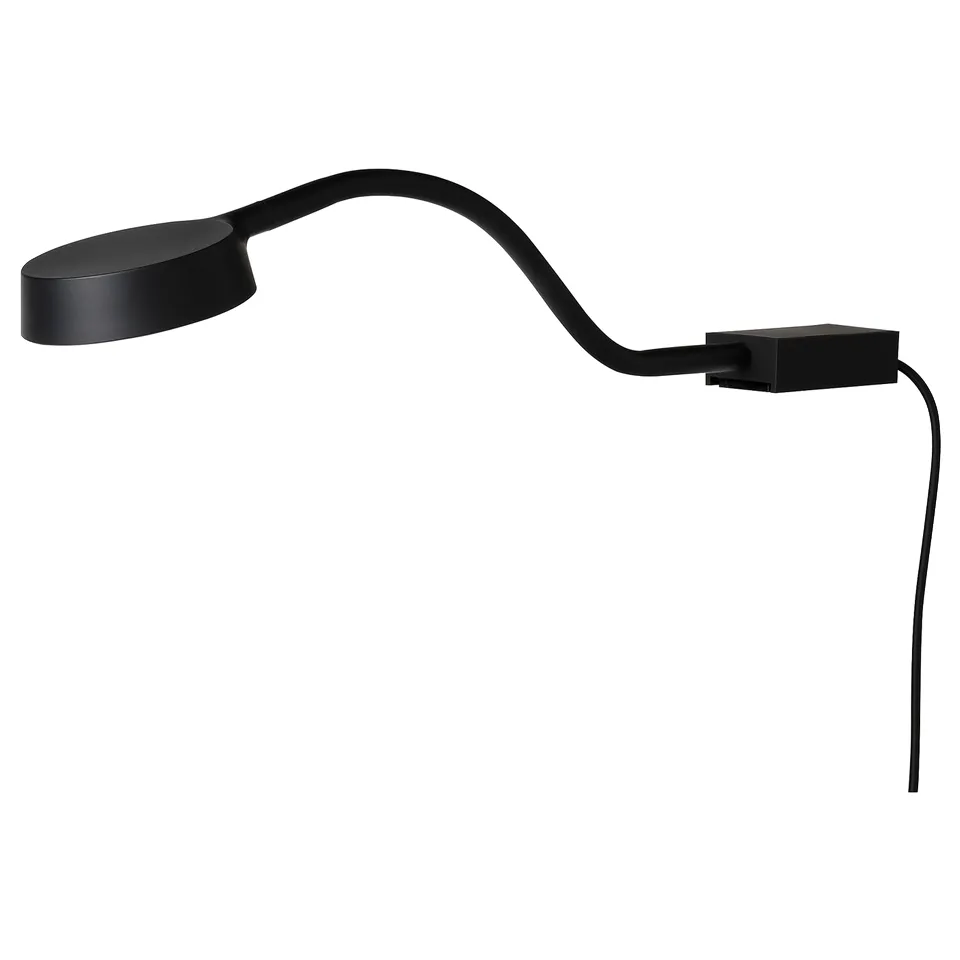A sleek black adjustable wall lamp with a flexible gooseneck, attaching via a bracket.