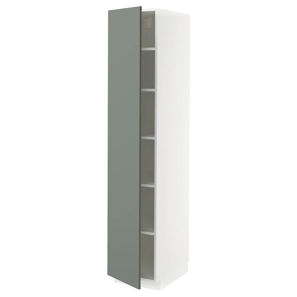 A METOD kitchen cabinet with a grey-green matt finish, featuring three shelves inside, mounted on a white frame.