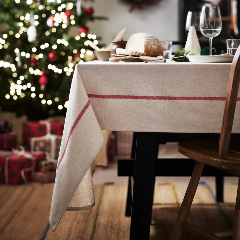 VINTERFINT Tablecloth, off-white/red, 145x320 cm