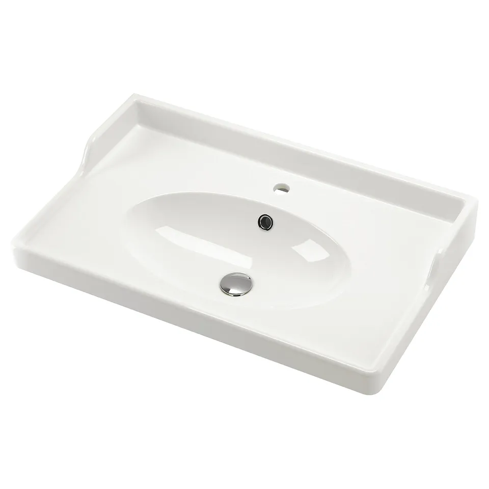 White RUTSJÖN wash-basin, ceramic, rectangular with oval bowl, classic design.