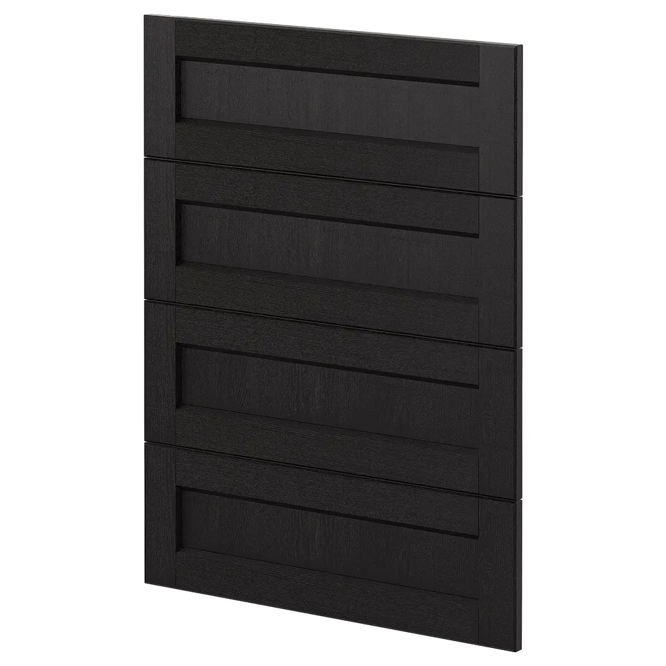 Black wooden kitchen cabinet panel with horizontal grooves, rectangular shapes, and bevelled edges made from solid ash and fiberboard materials.