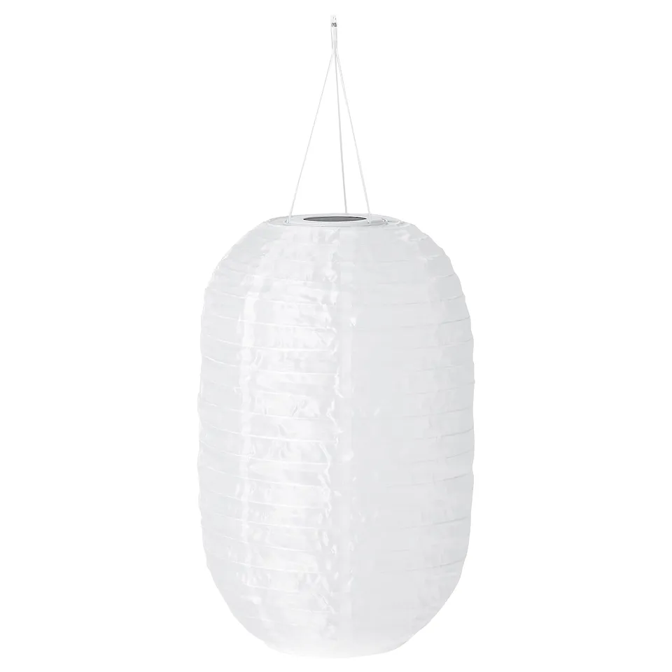 White SOLVINDEN solar lantern. Oval shape, hanging design. Made from recycled pet bottles.