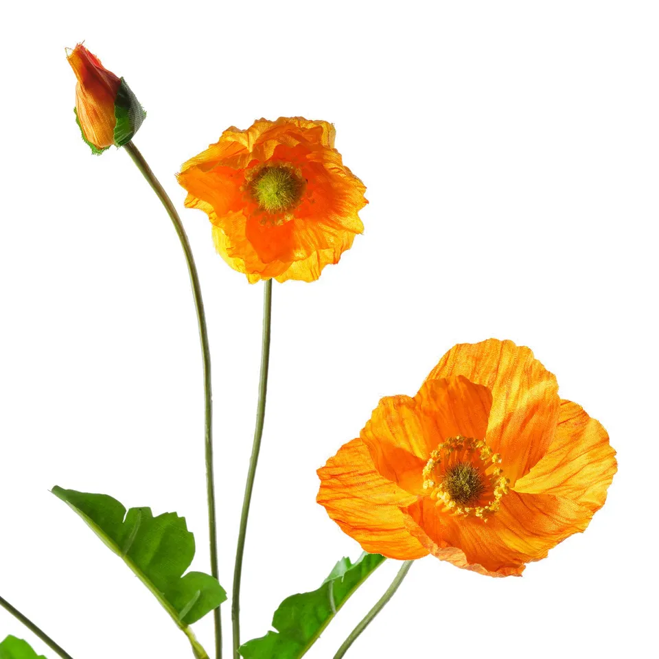 Realistic orange flowers, one bloomed, one budding, with green leaves, showcase high-quality artificial design with vivid colours and detailed petals.