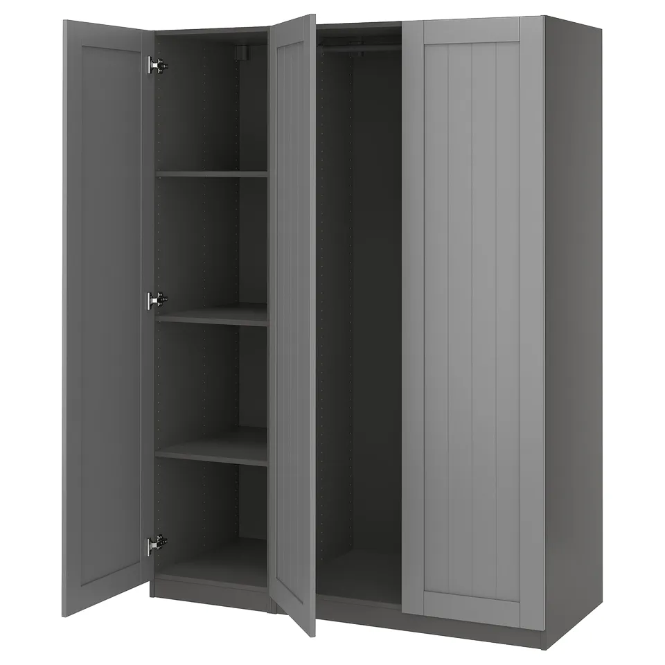 Grey PAX wardrobe with 3 open shelves.