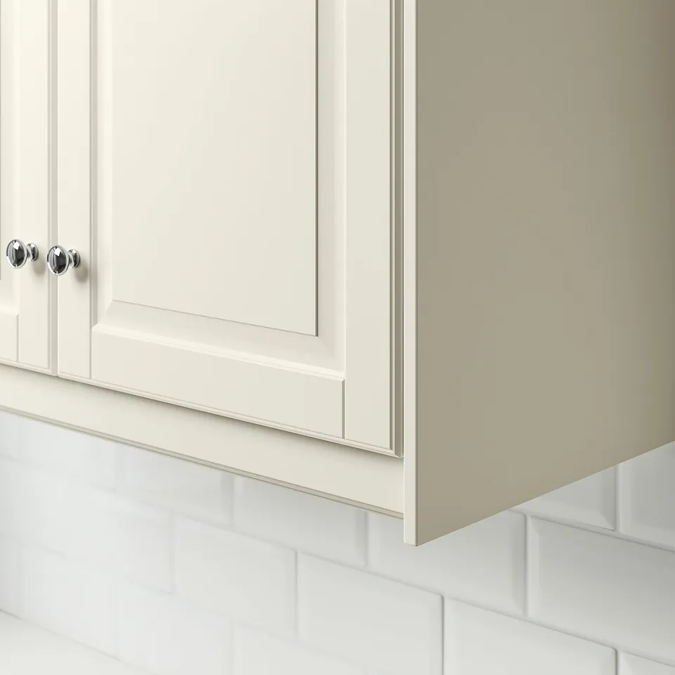 White cabinet with chrome handles and bevelled panels, featuring a clean, smooth surface. Suitable for kitchen decor and easy to maintain.