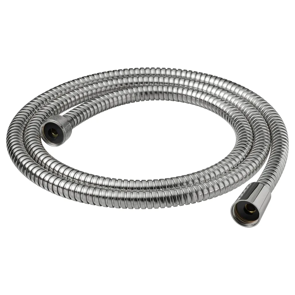 A KOLSJÖN chrome shower hose. Its silver, coiled, with brass fittings. Durable, easy to clean, with a 3-year guarantee.