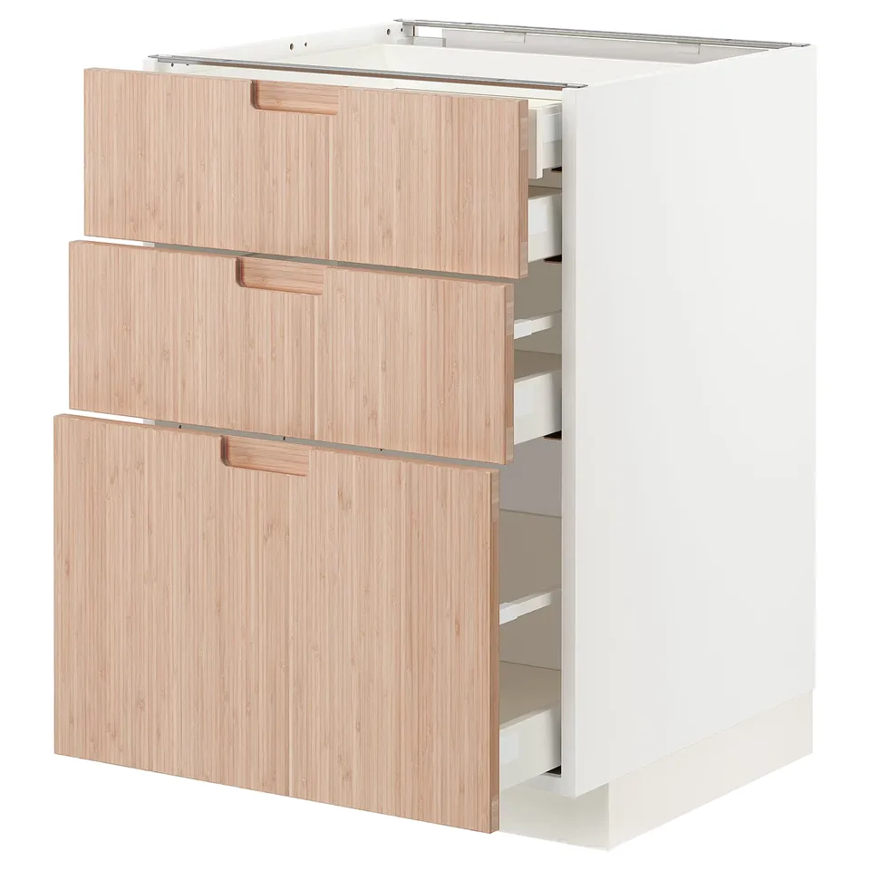 Modern, white METOD kitchen cabinet with light bamboo drawers and sleek handles.