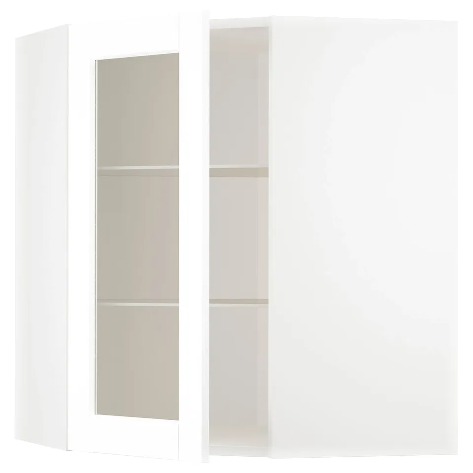 METOD kitchen unit, white, with glass doors and shelves.