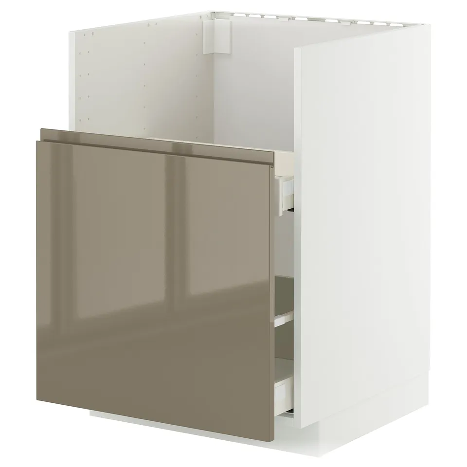 Modern kitchen unit, METOD. White and bronze. Sleek, high-gloss drawer. Integrated handles.