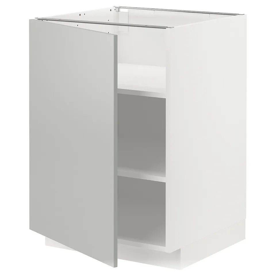 METOD white cabinet, sq shape, 2 shelves, grey doors, acrylic painted fiberboard.