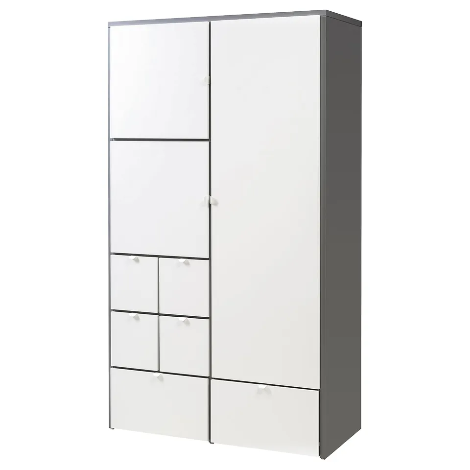 A white VISTHUS wardrobe with a modern design, featuring multiple drawers and sections for storage.