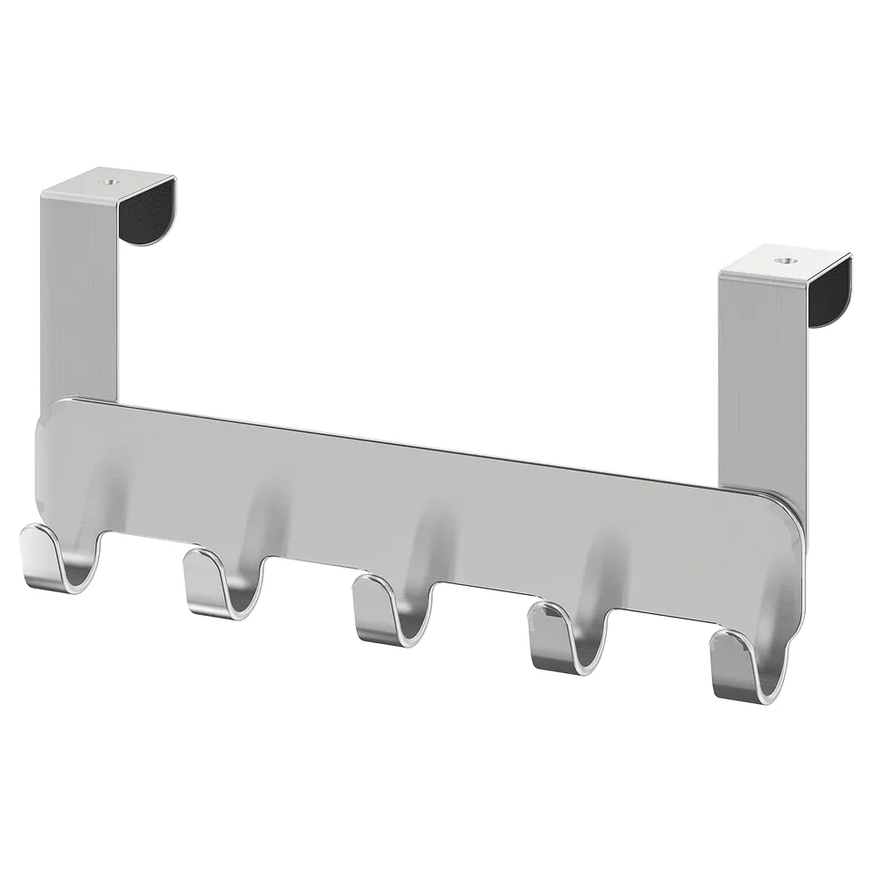 A silver BROGRUND over-door hook rack with five hooks. It is designed to hang over door edges and made of stainless steel.