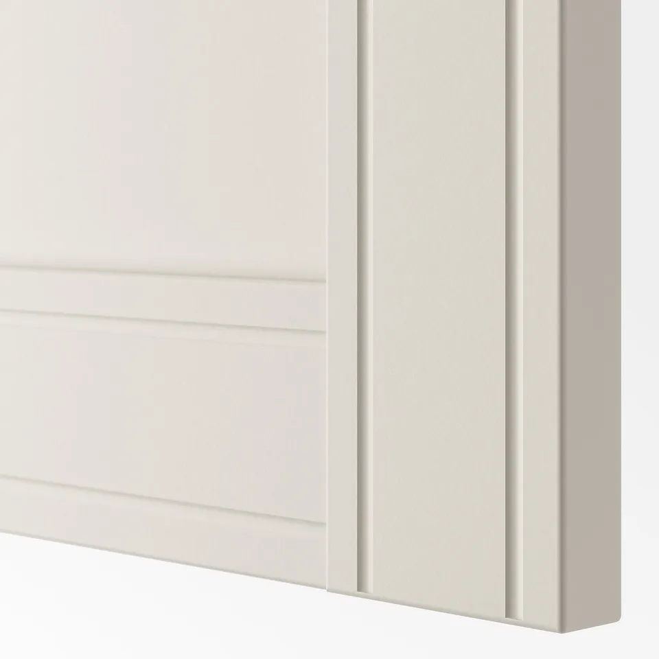 Close-up of soda white cabinet, showing smooth finish & detailed panelling.