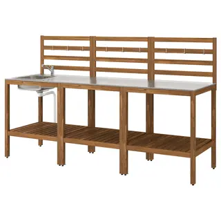 NÄMMARÖ kitchen with sink unit, outdoor, light brown stained/stainless steel, 240x62 cm