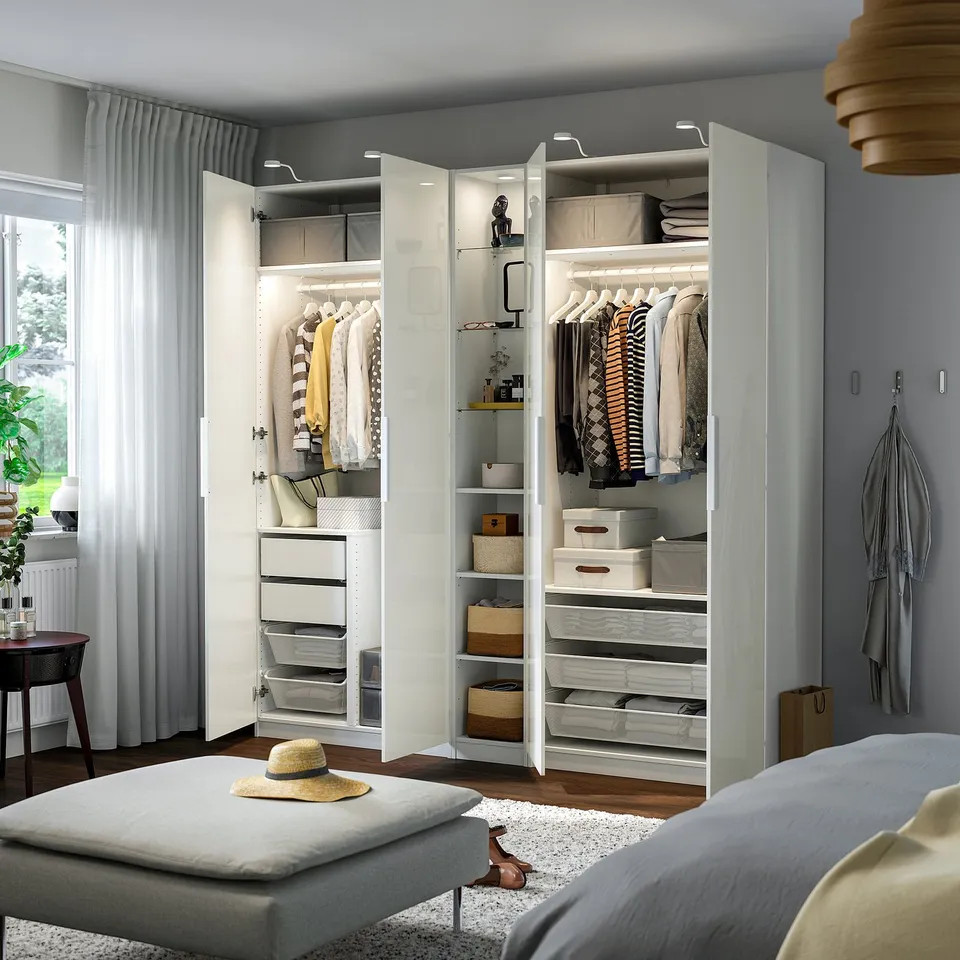 PAX / FARDAL Wardrobe combination, white high-gloss/white white, 235x60x236 cm