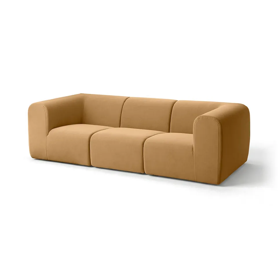 STOCKHOLM 2025 tan velvet sofa. Modern design, 3-seater with rounded edges, deep seats, and a cosy appearance.