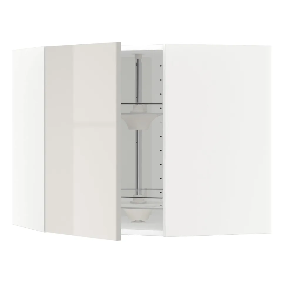 White modern kitchen unit. Sleek, high-gloss grey doors. Adjustable shelf, reflective surface.