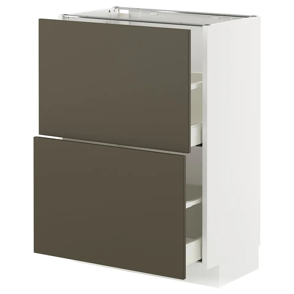 A METOD kitchen unit with dark brown drawers and a grey top. It has a modern design and is made of wood and steel.