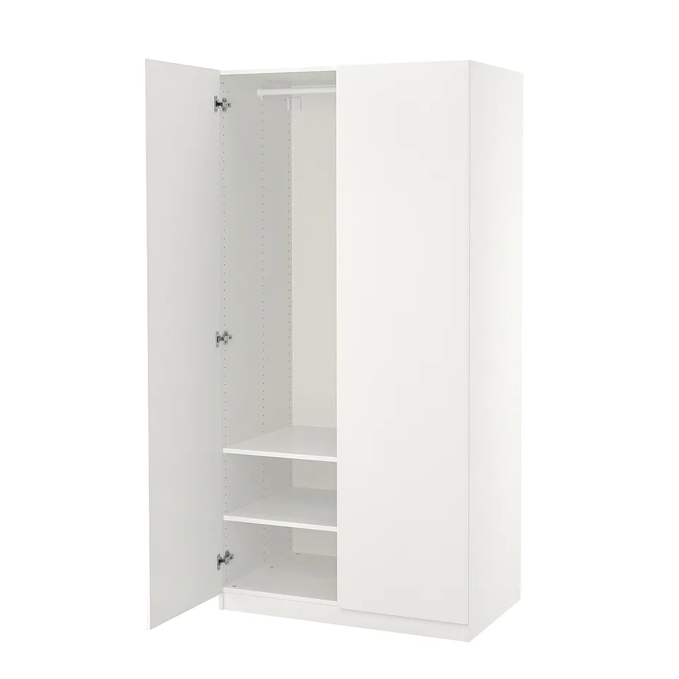 White PAX wardrobe, tall, narrow. Open doors revealing empty shelves and rail. Simple, modern design.
