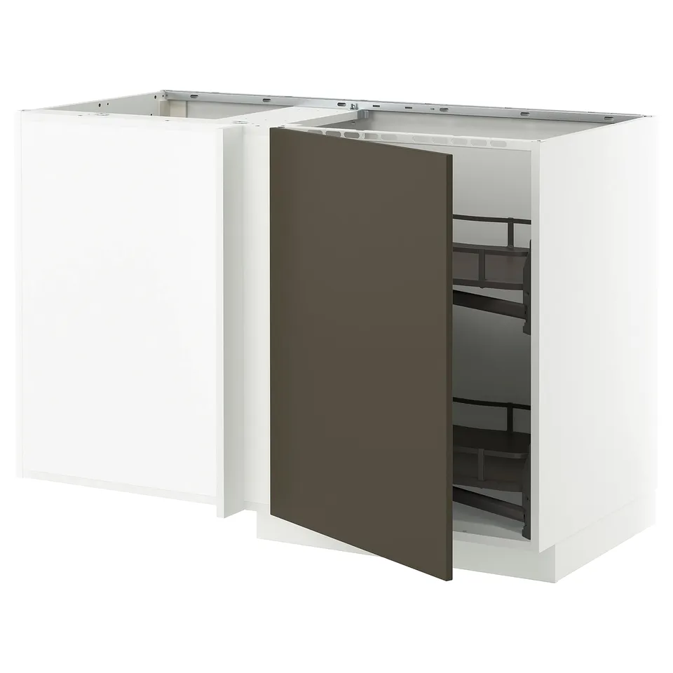 METOD kitchen unit, white with dark brown door, l-shaped design.