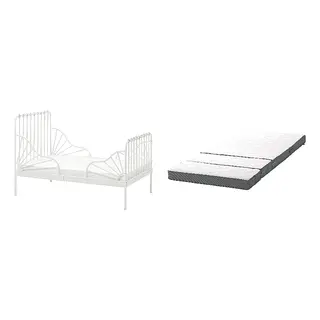 HÄMPLING/MINNEN set: ext bed frame with slatted bed base + 3D mattress for extendable bed