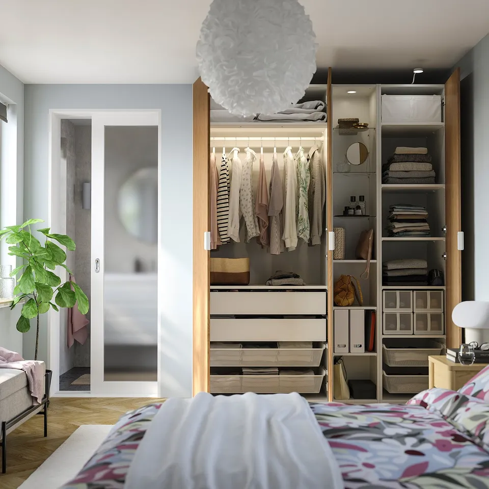 PAX / STORKLINTA Wardrobe combination, white oak effect/white, 185x60x236 cm