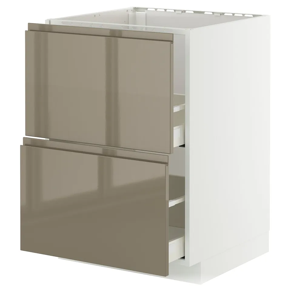 A modern kitchen cabinet, white with shiny bronze drawers, featuring sleek handles and a high gloss finish.