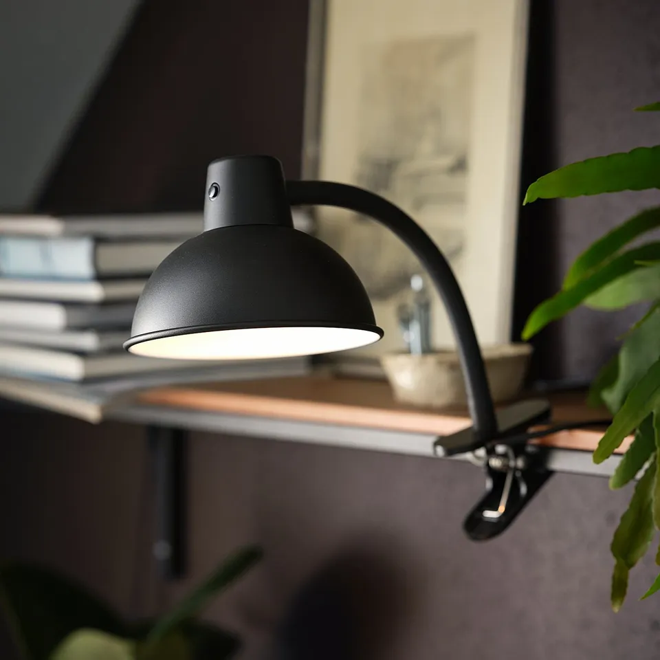 Black adjustable lamp clamped on shelf with light on, near plants and books.