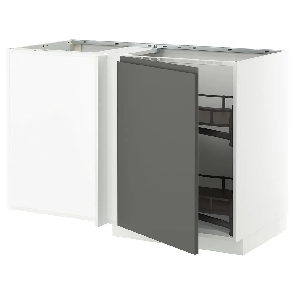 A modern kitchen cabinet set in white with a dark grey door, showcasing pull-out shelving for storage.