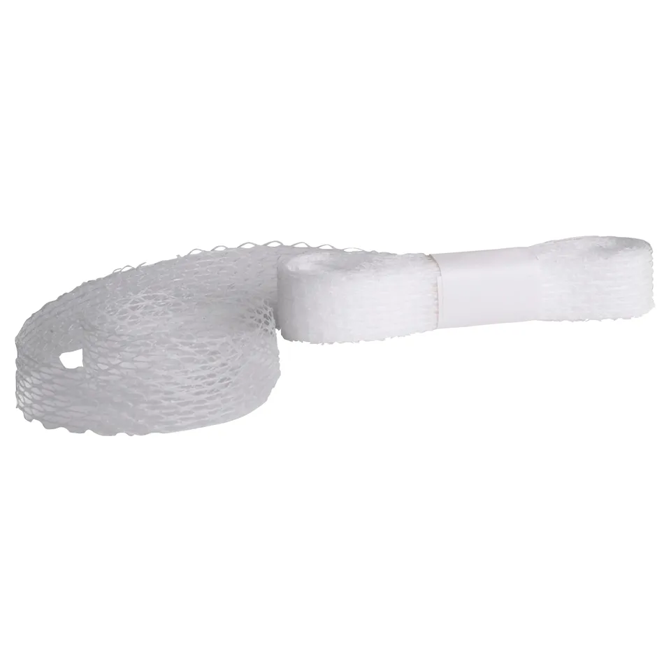 White nylon no-sew fabric hem tool, s-shape.
