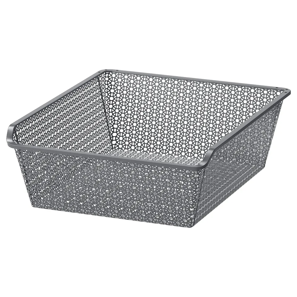 Grey mesh basket with square metal design.