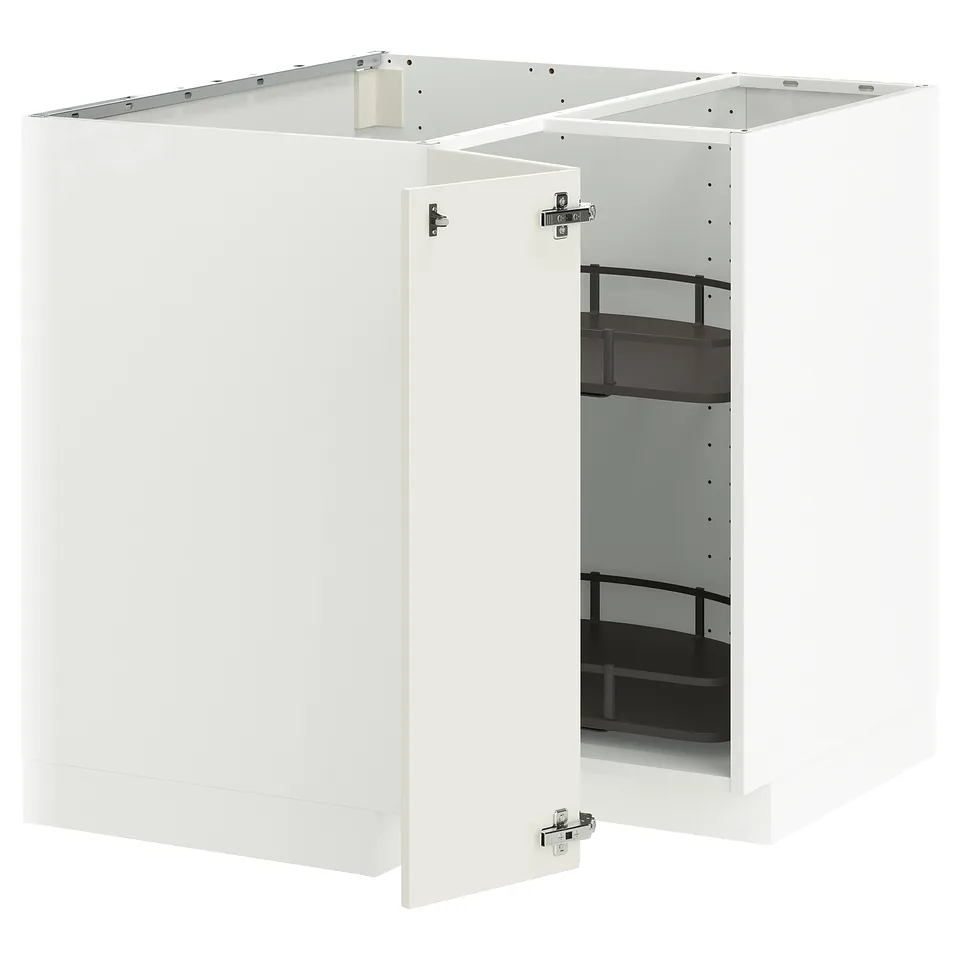 White modular kitchen cabinet set with door; modern design, sturdy frame, includes shelves.