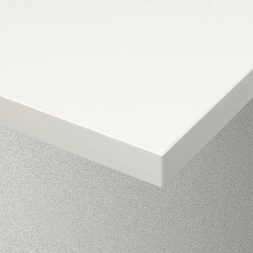 White sleek wall shelf with smooth edge, displayed against a plain wall. High-quality finish and modern design.