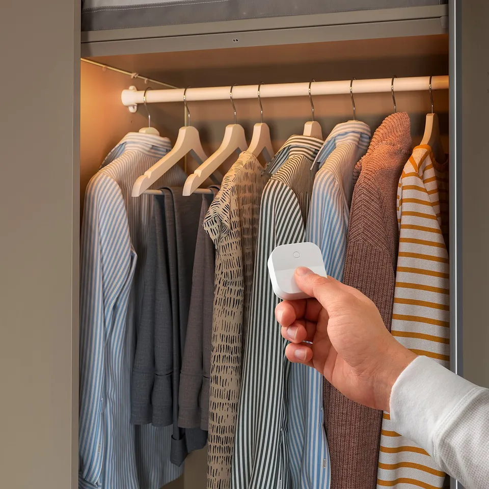 A hand turns on a smart led wardrobe light, illuminating clothes on hangers.