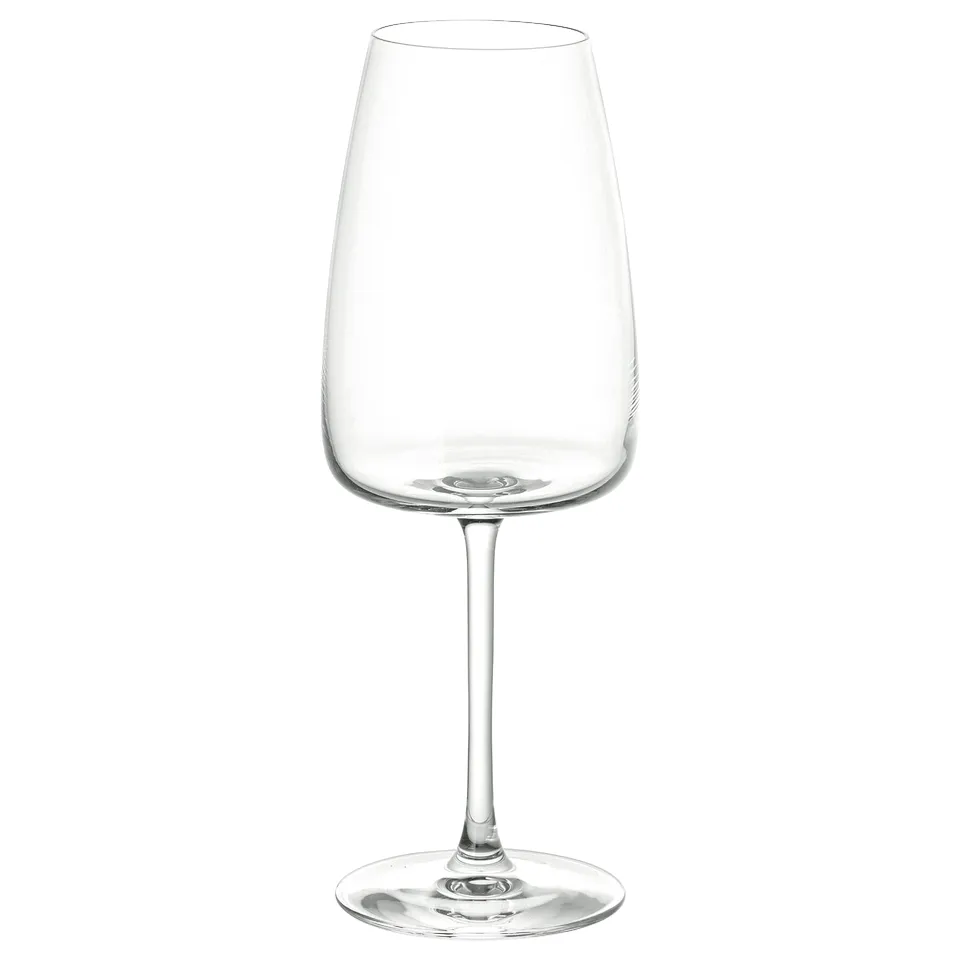 Clear, sleek DYRGRIP wine glass with elongated bowl and long stem.
