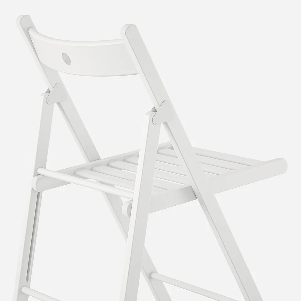 Foldable white chair shown, modern design, sturdy wooden construction, sleek finish.