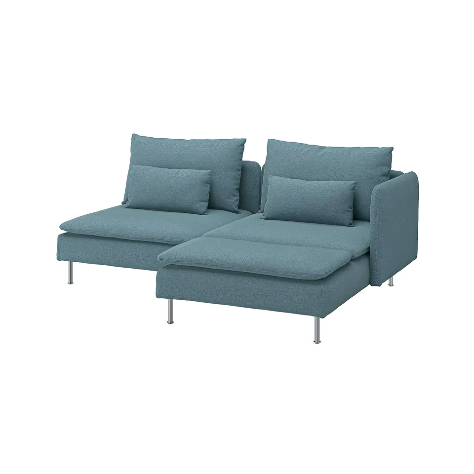 Blue modern sectional sofa with metal legs, deep seats, pillows, removable cover.