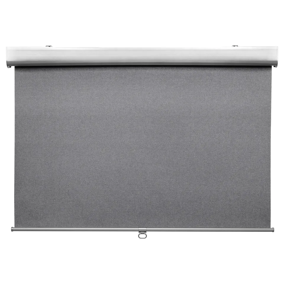 Grey TRETUR roller blind, silver mechanism, blocks light, cordless for safety.