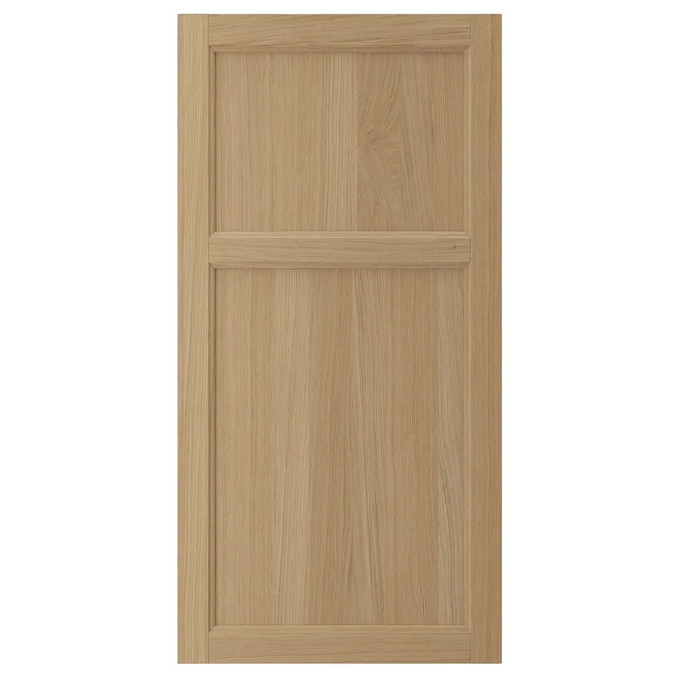 VEDHAMN: natural oak cabinet door, solid wood frame, square panels, light finish.