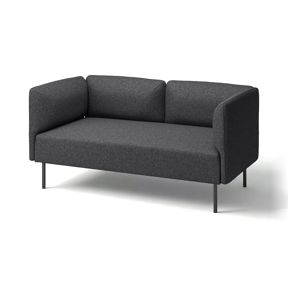A modern dark grey LILLEHEM sofa with a simple design and metal legs. It has a minimalist, rectangular shape with two cushions.