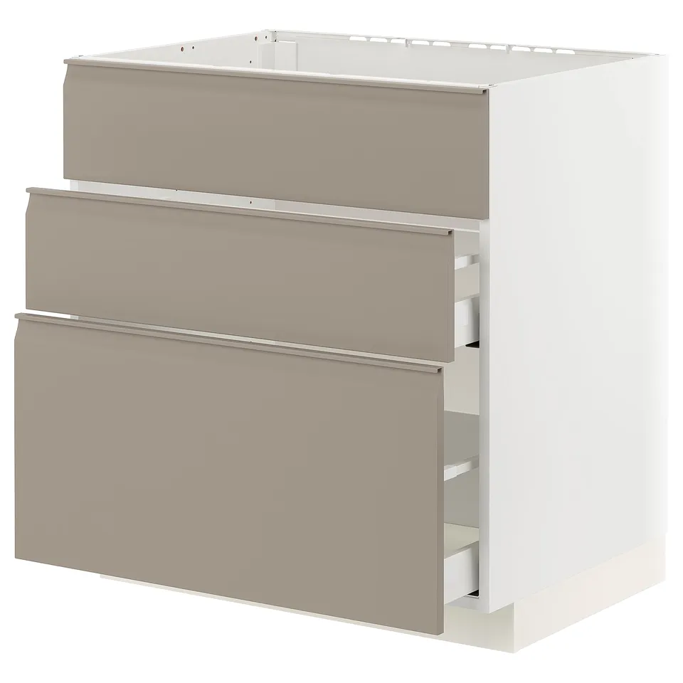 A METOD kitchen cabinet with three upplöv drawers in matte grey-beige.